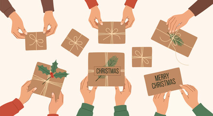 Diverse hands holding and sharing beautifully wrapped christmas presents with festive decorations and greetings © CREATIVE CRUSADER