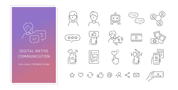デジタルネイティブ世代のコミュニケーションツールをコンセプトにしたベクターアイコンセット（Z世代･Y世代･ミレニアル世代）線画, Editable Stroke