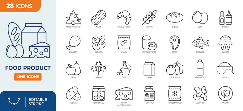 Minimalist Food Product outine icons set with editable stroke. featuring icons of various food product classification. thin linear illustration. Vector illustration