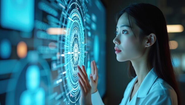 Asian woman interacts with bright blue futuristic hologram interface. She touches screen displaying complex data and digital network. Future tech concept.
