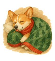 Sleeping corgi dog with Christmas blanket &mdash; peaceful cozy illustration