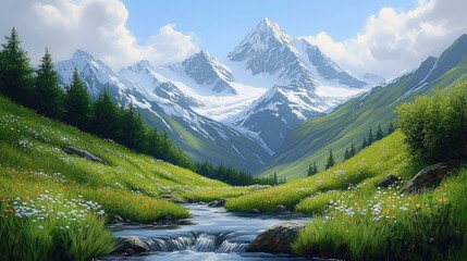 Peaceful mountain landscape with snow-capped peaks, green hills, wildflowers, pine trees, and a stream flowing through a lush valley under a partly cloudy sky