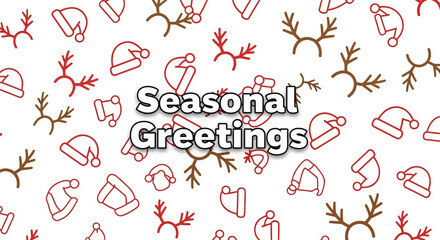 Seasonal greetings text with a festive background of red santa hats and brown reindeer antlers
