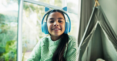 Portrait, girl or headphones in bedroom with smile for streaming music, online playlist or weekend...