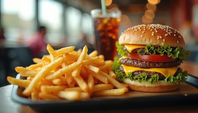 Double cheeseburger with lettuce and tomato served with crispy french fries and soda drink. Fast food meal ready for eating in restaurant or takeout.