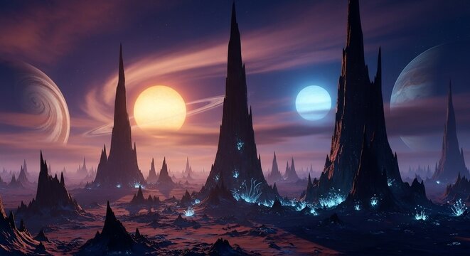 Futuristic alien landscape with glowing terrain, sharp rock spires, and multiple planets and suns illuminating the surreal sky.