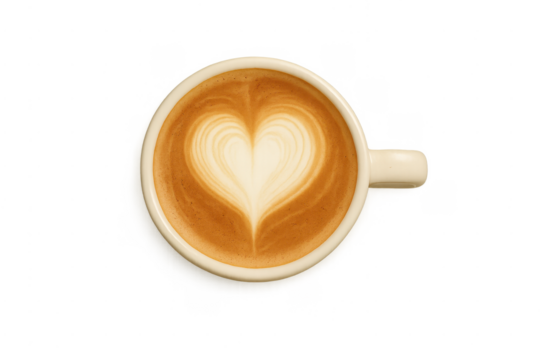 Latte art heart coffee beverage in white cup