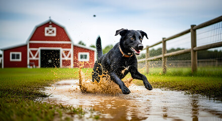 Energetic Black Dog Enjoys Running and Splashing in a Muddy Puddle Near a Barn and Fence