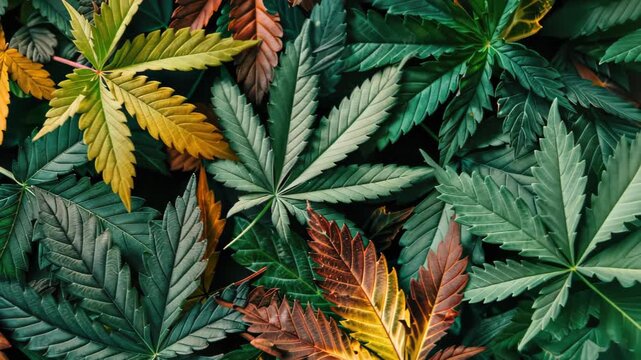 Cannabis Leaves in Varying Hues: An artistic depiction of cannabis leaves in an array of shades. A symphony of textures and colors, this image captures the plant's natural beauty and complexity.