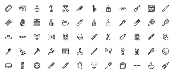 Beauty Salon icon set. Vector illustration pack. Incudes symbols for makeup, hir care, skincare, manicur, cosmetics, spa tools andmore. Editable stroke.