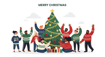 Diverse group of people in festive sweaters celebrating christmas around a decorated tree with presents