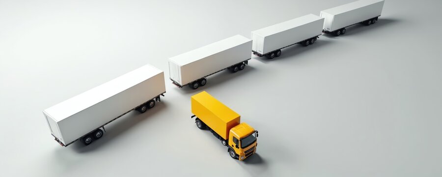 Yellow truck leads white trucks in single file line. A bright vehicle stands out from group driving on clean white background. Teamwork and direction concept.
