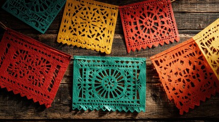 Colorful papel picado banners on rustic wooden background