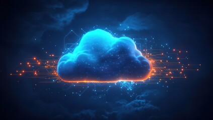 Glowing digital cloud surrounded by bright circuit lines and nodes representing data connectivity against a dark backdrop with subtle clouds