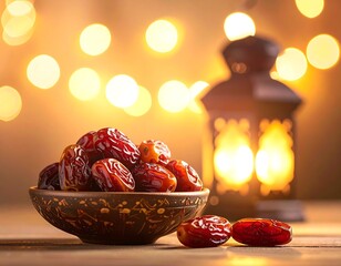A bowl of glossy dates set against a warm background with a glowing arabian lantern and soft bokeh lights.