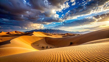Vast Desert Landscape at Sunset With Dramatic Clouds and Golden Light Casting Shadows on Sand Dunes