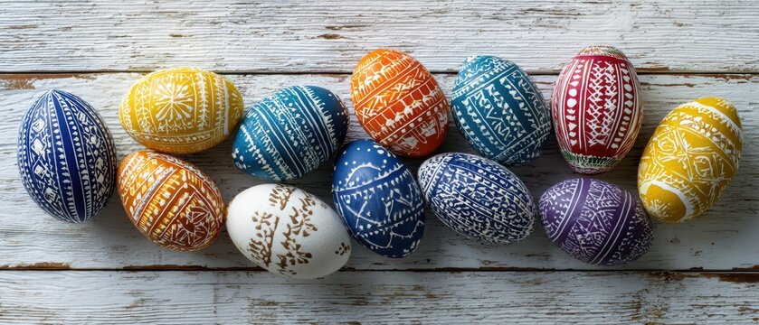 Colorful polish pisanki easter eggs on white wooden background