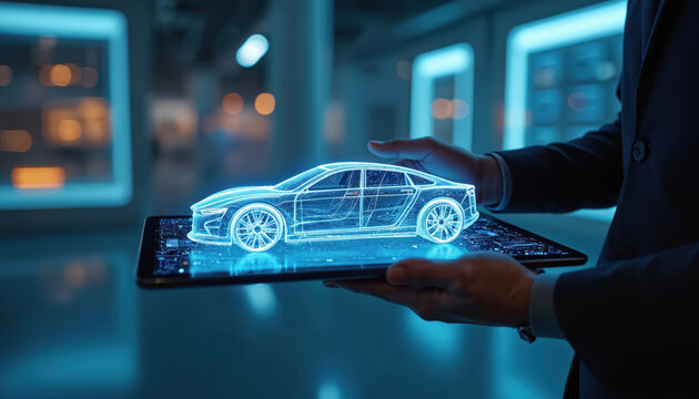 Man in suit holds tablet showing holographic car model. Digital blueprint displayed on screen. Futuristic auto industry design concept. Tech innovation visualization.