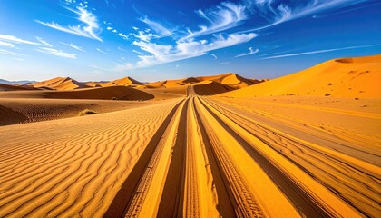 Vast Golden Desert Dunes Under a Bright Blue Sky with Wispy Clouds and Tire Tracks Leading into the Horizon