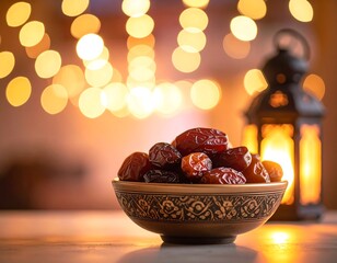 Traditional bowl overflowing with dark, glossy dates, illuminated by a festive lantern and warm, golden bokeh lights.
