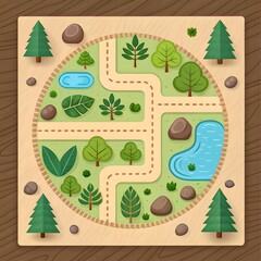 Circular illustrated map of a park with trees paths and water features