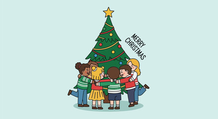 Diverse group of happy children hugging around a decorated christmas tree with merry christmas text