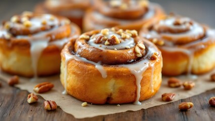 Delicious homemade cinnamon rolls drizzled with sweet icing and topped with chopped pecans on a wooden table.
