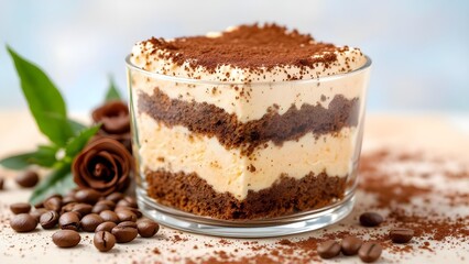 A delicious layered tiramisu dessert in a glass cup, garnished with cocoa powder and coffee beans.