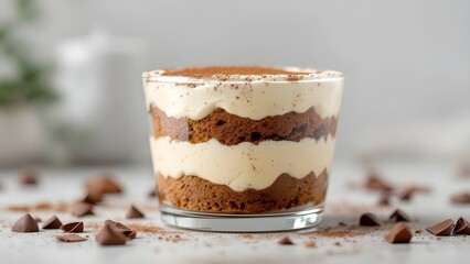 A delicious single-serving tiramisu dessert in a glass, dusted with cocoa powder and surrounded by chocolate chips.