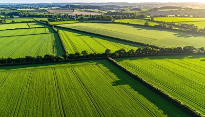 Vast Green Agricultural Fields Divided By Hedges Under Bright Sunlight Creating Geometric Patterns