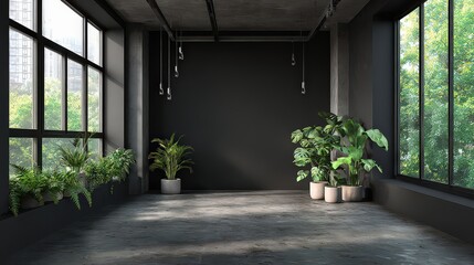 Fototapeta premium Empty Modern Interior Room With Plants and Large Windows Featuring Greenery and Concrete Textures