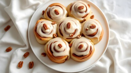 A white plate of freshly baked cinnamon rolls topped with white icing and pecans, seen from above on a white cloth.
