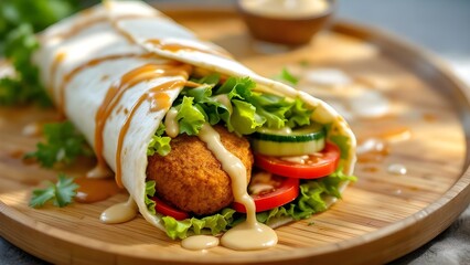 A fresh and delicious falafel wrap filled with lettuce, tomato, and cucumber, drizzled with tahini sauce on a wooden plate.