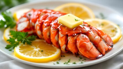 Succulent broiled lobster tail with melting butter, fresh lemon slices, and parsley garnish on a white plate.
