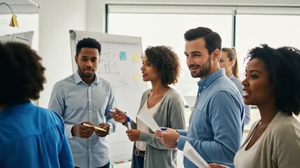Team brainstorming ideas on a whiteboard with sticky notes in office.