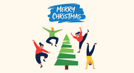 Joyful people celebrating merry christmas with energetic dancing and a stylized christmas tree illustration