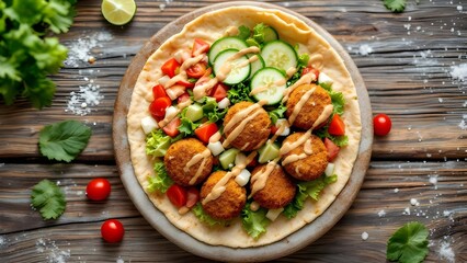 A delicious falafel wrap with fresh salad, vegetables, and sauce on a rustic wooden table.