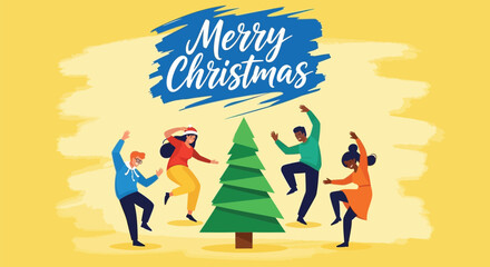 Diverse group of people joyfully dancing around a christmas tree with merry christmas text above