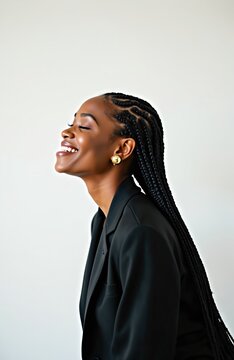 Happy young african woman with long braids laughing indoors. Beautiful black female model with closed eyes smiles, showing perfect teeth. Cheerful person with stylish cornrow hairstyle poses in