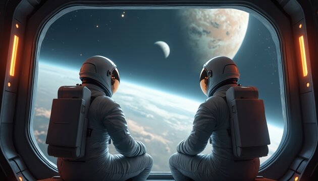 Two astronauts sit inside futuristic spaceship, looking out large window. Observe alien planet with moon, countless stars across dark void. Vision captures space travel, deep cosmic exploration.