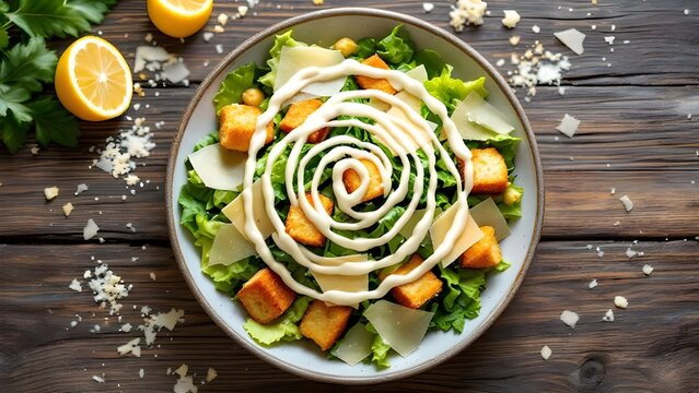 A delicious Caesar salad with creamy dressing, croutons, and parmesan cheese served in a bowl on a rustic wooden table. - Powered by Adobe