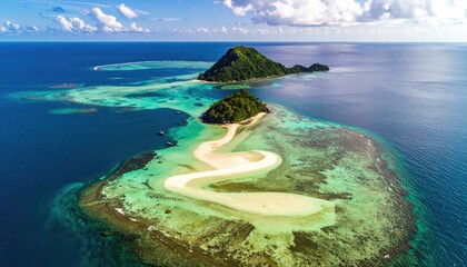 Tropical Island Paradise Aerial View With Lush Green Trees Clear Turquoise Water and White Sand Bar Forming A Heart Shape