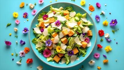 A vibrant and fresh salad with cheese and cubed fruit, beautifully decorated with colorful edible flowers on a blue background.