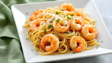 A delicious plate of shrimp scampi pasta with garlic, parsley, and parmesan cheese on a white plate.