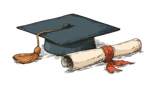 Graduation Cap and Diploma Vector Illustration - Professional Academic Achievement Symbol