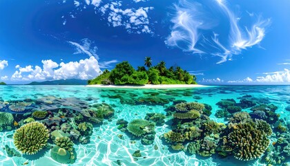 Tropical Island Paradise With Lush Green Palm Trees and Vibrant Coral Reefs Underwater In Clear Turquoise Ocean Water On A Bright Sunny Day With Blue Sky