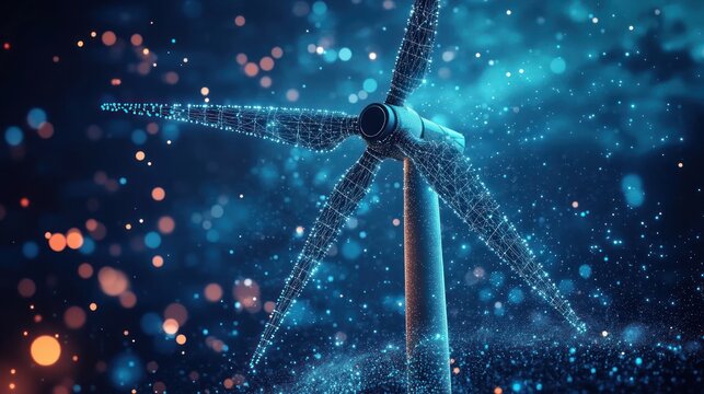 Digital representation of a wind turbine surrounded by glowing particles symbolizing clean energy and futuristic technology