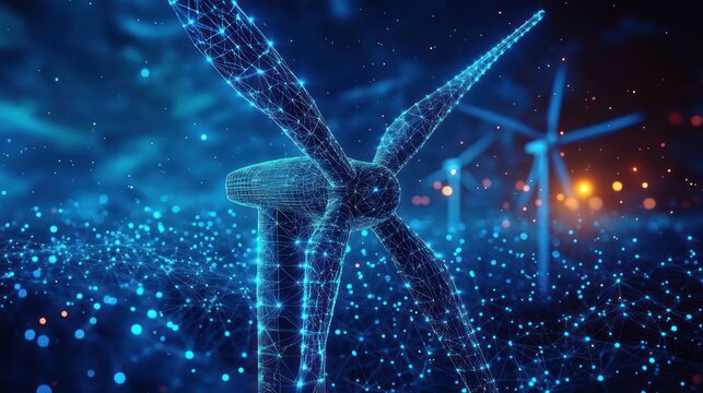 Digital representation of wind turbines with glowing network connections symbolizing renewable energy and futuristic technology at dusk
