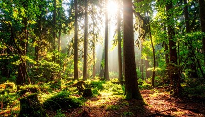 森 林 木 木漏れ日 光 太陽 日差し 緑 新緑 生命 自然 早朝 幻想的 神秘的 癒やし 静寂 散歩 アウトドア 輝き 壮大