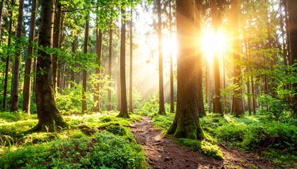 森 林 木 木漏れ日 光 太陽 日差し 緑 新緑 生命 自然 早朝 幻想的 神秘的 癒やし 静寂 散歩 アウトドア 輝き 壮大